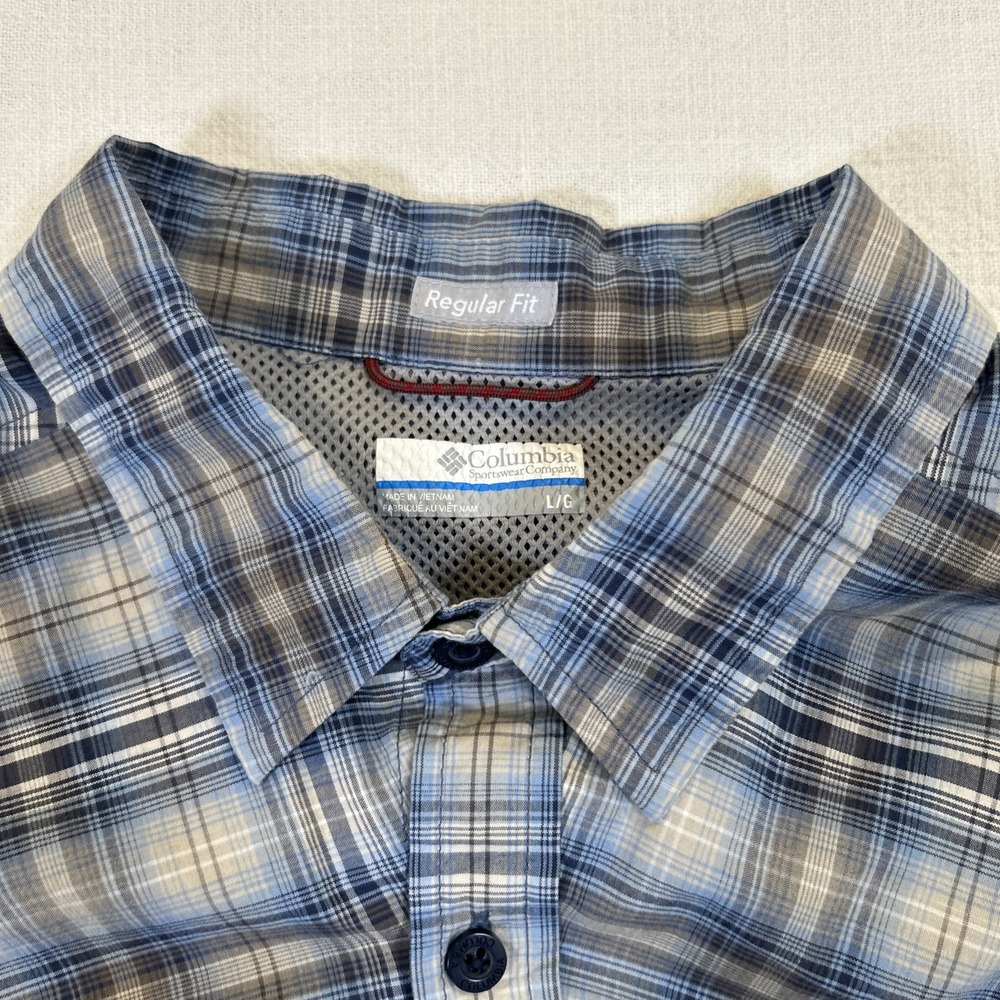 Columbia Shirt Mens Blue Plaid Button Long Sleeve L Zipper Pockets Regular Fit - Picture 4 of 8
